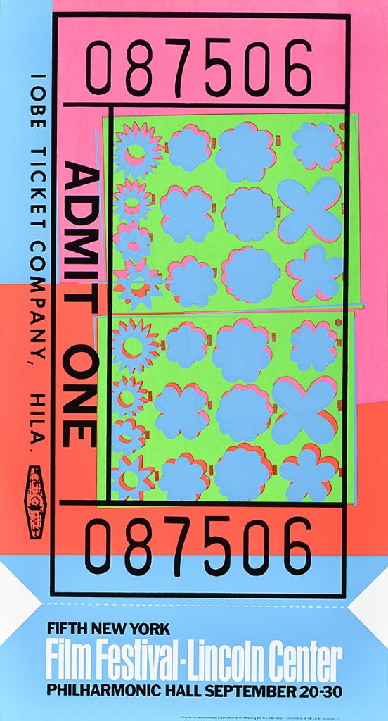 A silkscreen poster of a neon multicolored ticket stub for a movie.