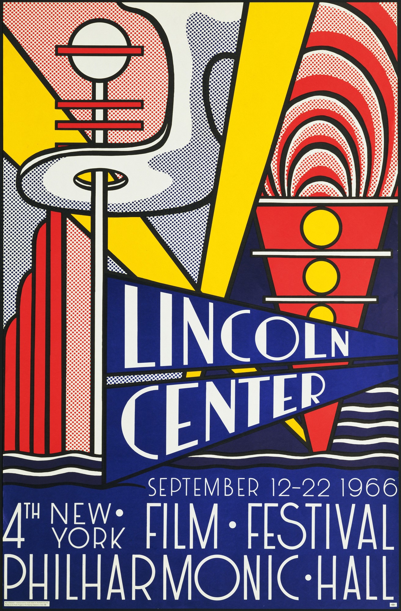 A poster unabashedly calling out Lincoln Center with banners, and city buildings with art deco styling and primary colors.