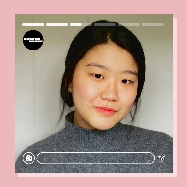 A headshot of a PH intern wearing pink lipstick and surrounded by Instagram elements and a light pink border.