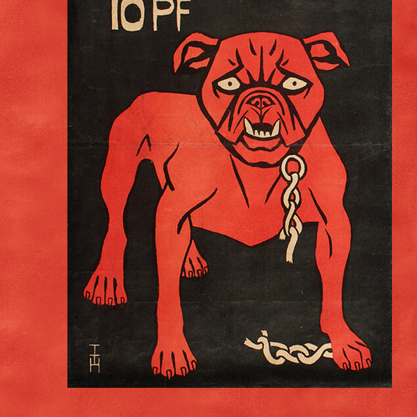 An illustrated poster on a black background featuring a red bulldog with a large, broken metal chain dangling from its collar.