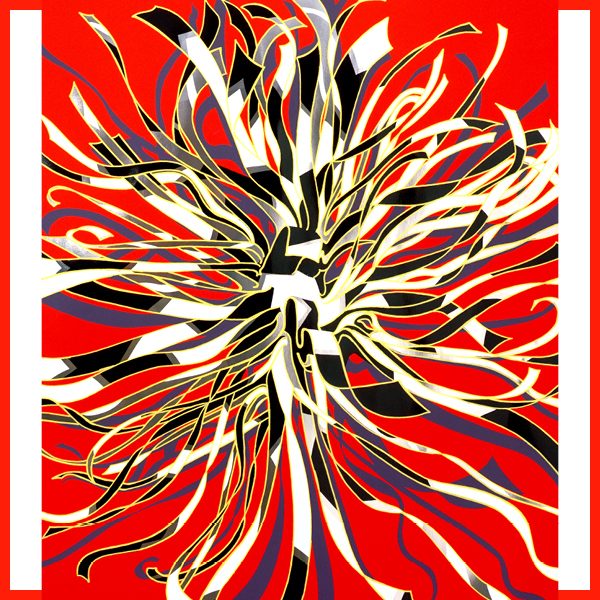 An illustrative poster featuring white and black ribbons with yellow outlines intertwined on a red backgrund.