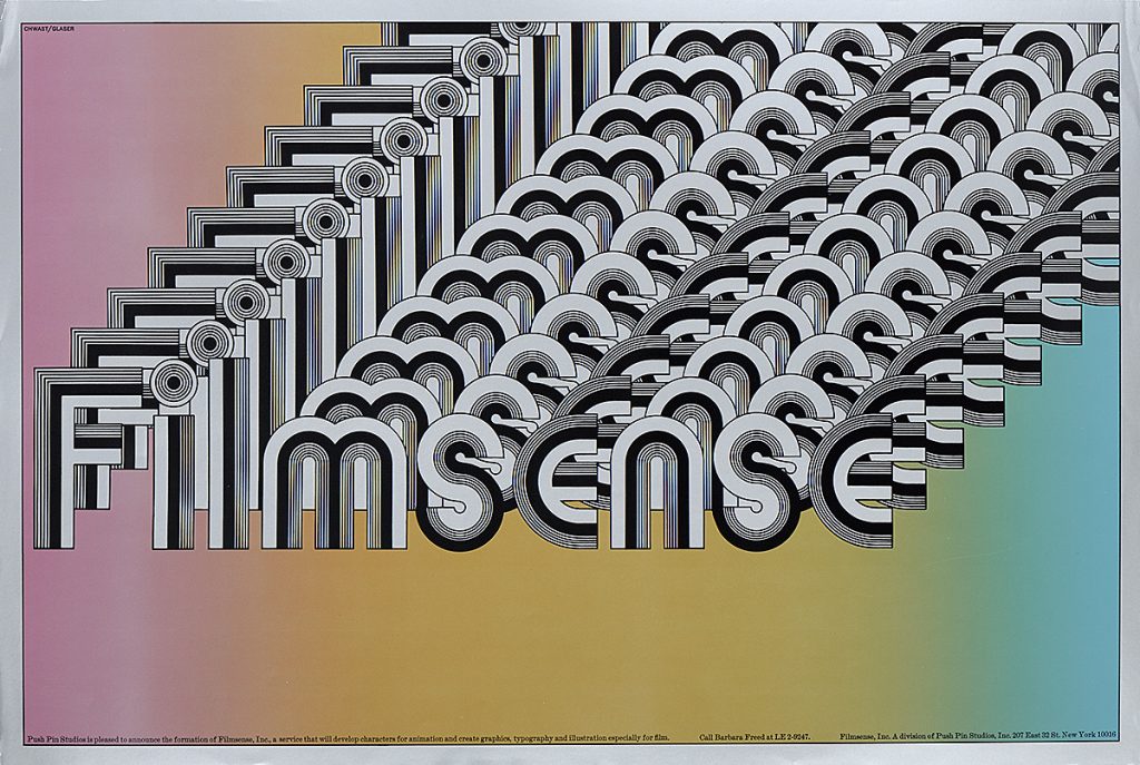 A photo offset poster of the word Filmsense in black and white script repeated and overlapping to infinity over a rainbow background.