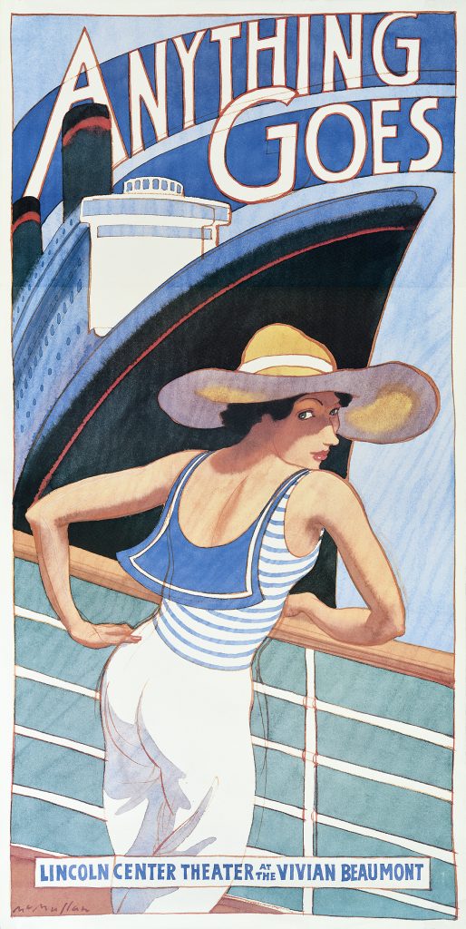 A photo offset poster of a woman in a sailor costume leaning against a ship's railing, a large cruise liner in the distance.