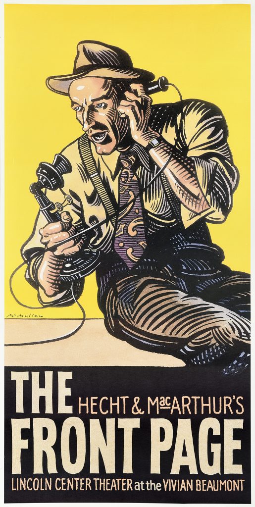 A photo offset poster of a man in 1940s attire screaming into a telephone against a yellow background.