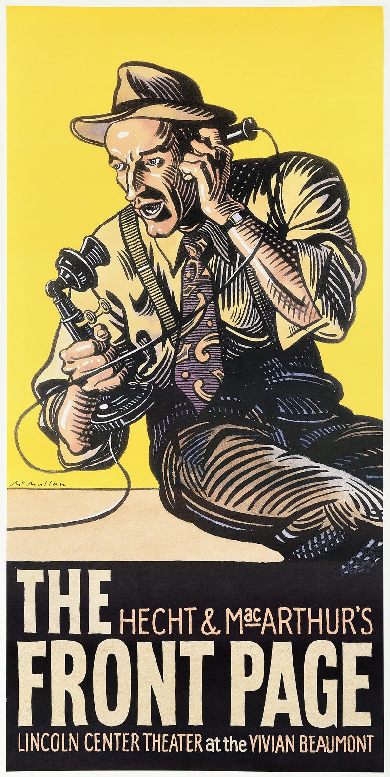 photo offset poster of a man in 1940s attire screaming into a telephone against a yellow background