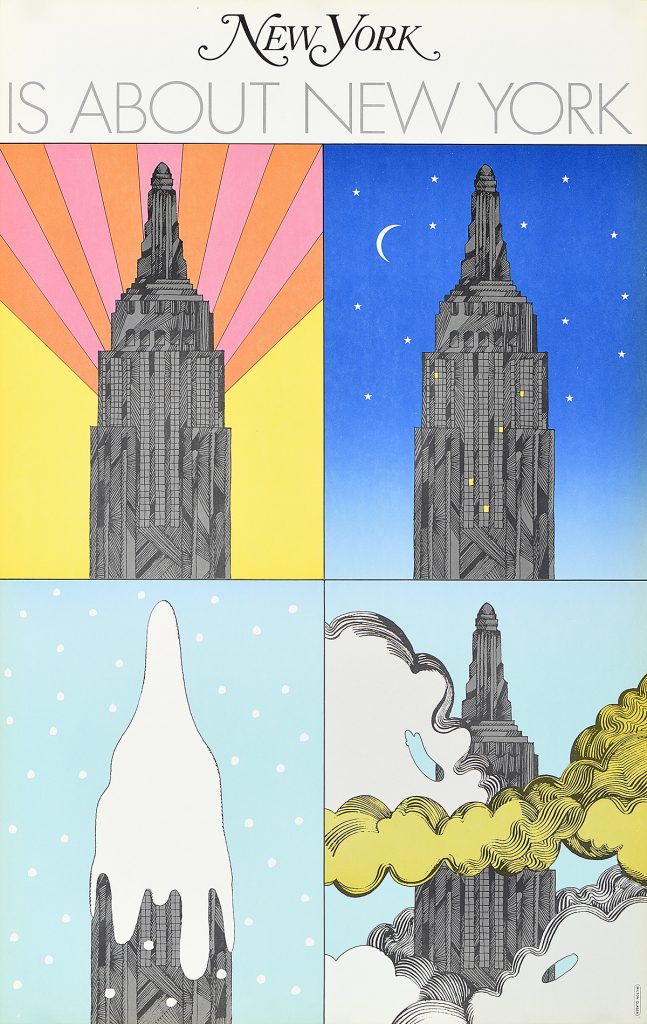 A photo offset illustrational poster for 4 views of the empire state building in the four seasons.