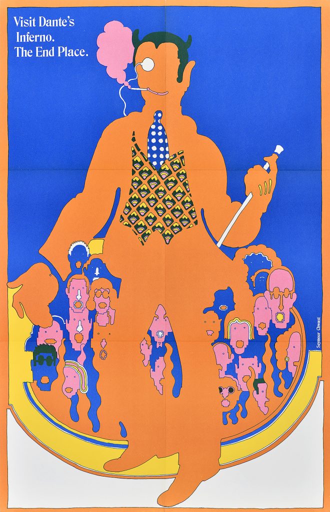 A photo offset poster of a besuited orange figure with a cane and monocle overlapping a crowd of pink heads.