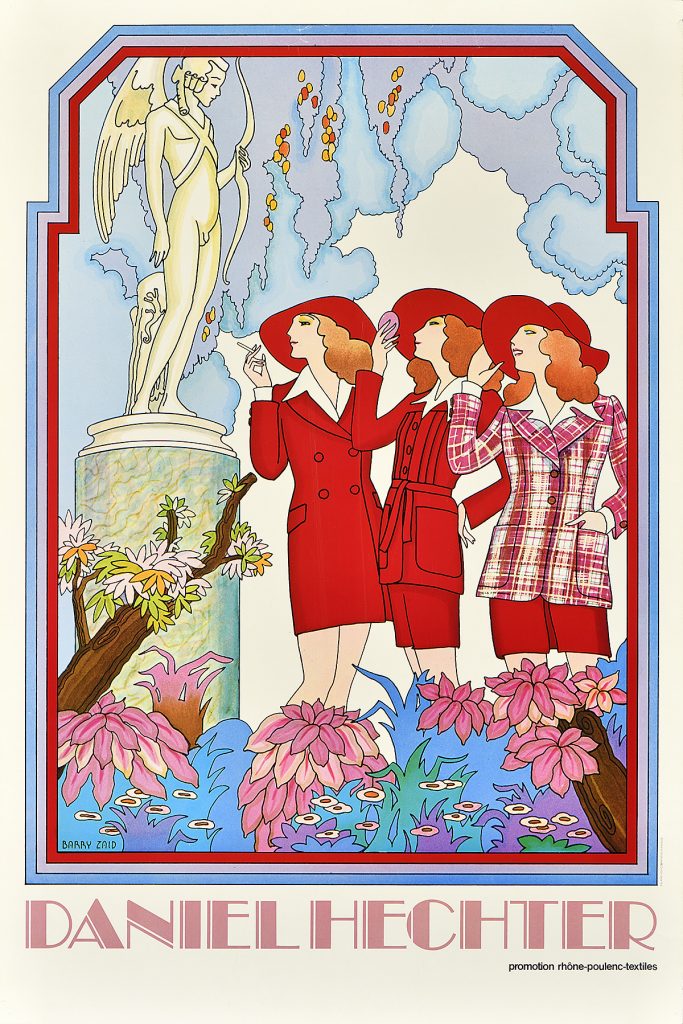 A photo offset poster of three illustrational women in red suits inside a French garden.