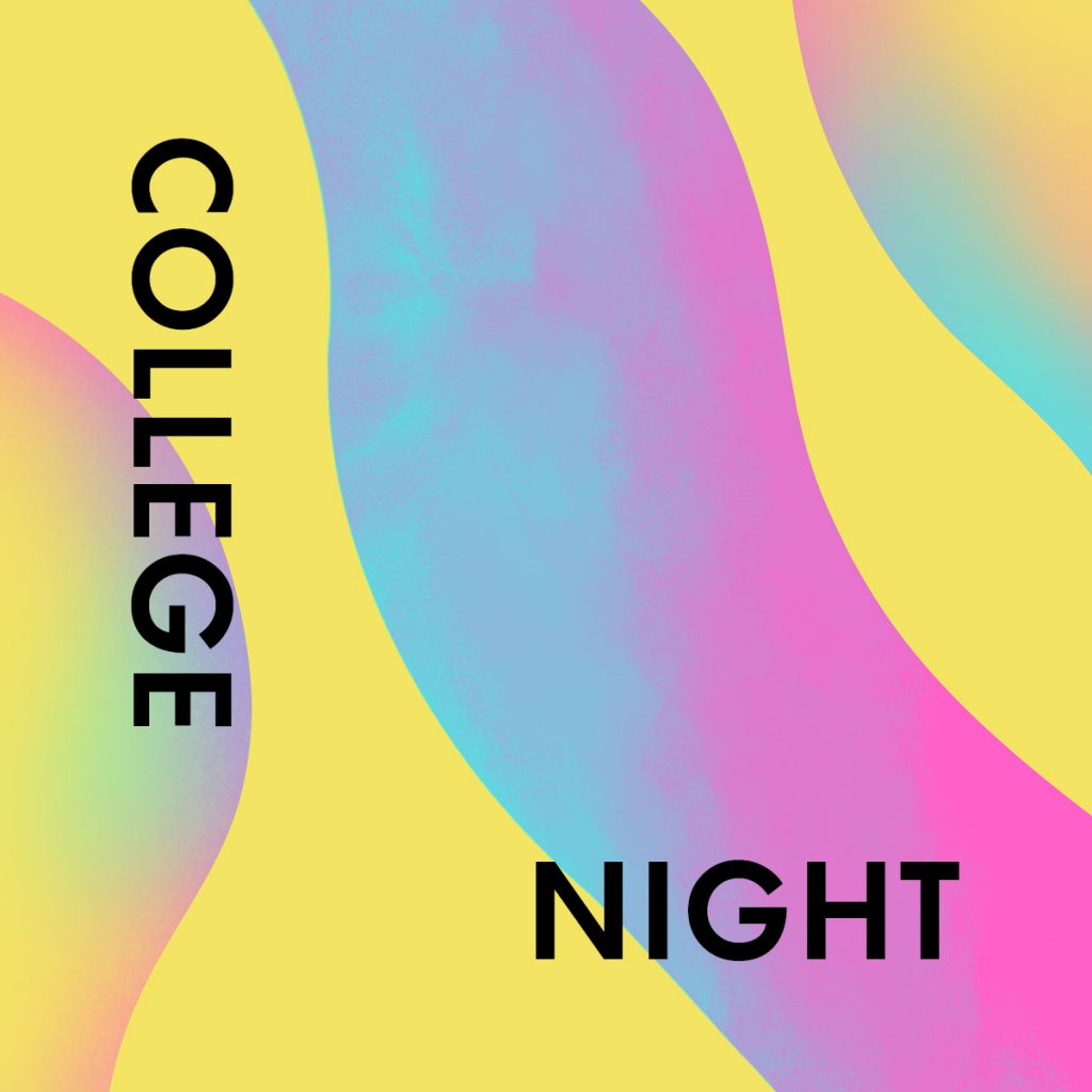 Yellow and blue with pink gradient waves text graphic promoting College Night.