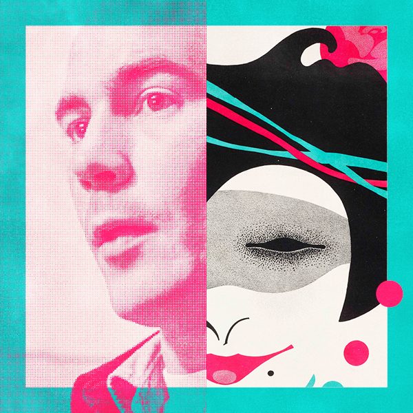 A split image of a pink halftone-dot of Hunter S. Thompson's headshot on the left and a masked Carnival woman poster on the right, with a teal border framing the posters.
