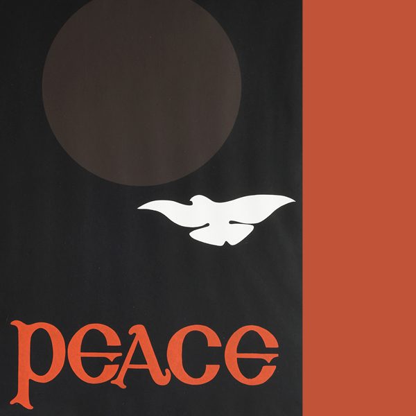A poster of a white dove flying towards a light gray circle on a dark black background with “peace” in orange lettering below.