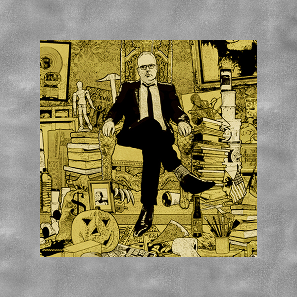 a cropped image of an illustrated poster of Mike King in a black suit on a yellow background crowded with books and tchotchkes.