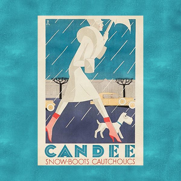 An illustrated poster on a blue background featuring a city woman in all white apart from her red boots, walking a white dog in sleet. Text at the bottom reads Candee Snow-Boots Cautchoucs.