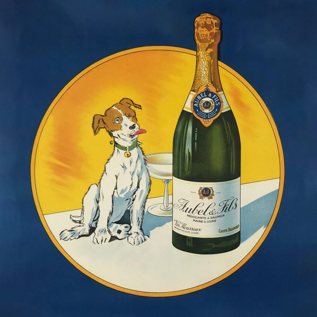 A poster featuring a dog sitting near a bottle of champagne set in a circle on a navy background.