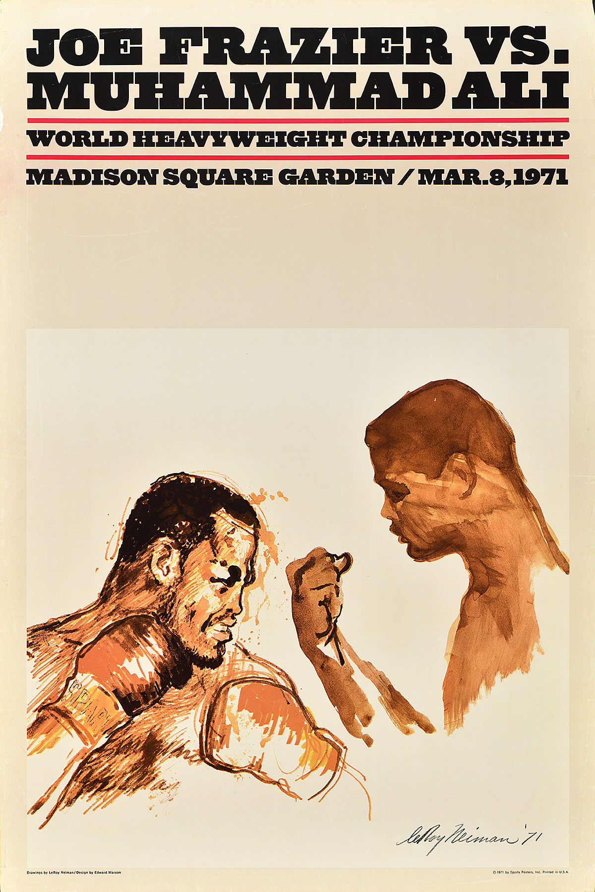 Photo offset poster of two boxers facing each other in neutral tones.