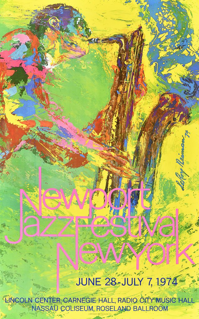 Photo offset poster of a saxophone player seen from below, mid-performance in tones of yellow and green.