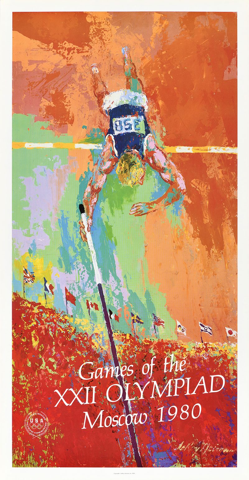 photo offset poster of a pole vaulter bending over the high bar against a red background