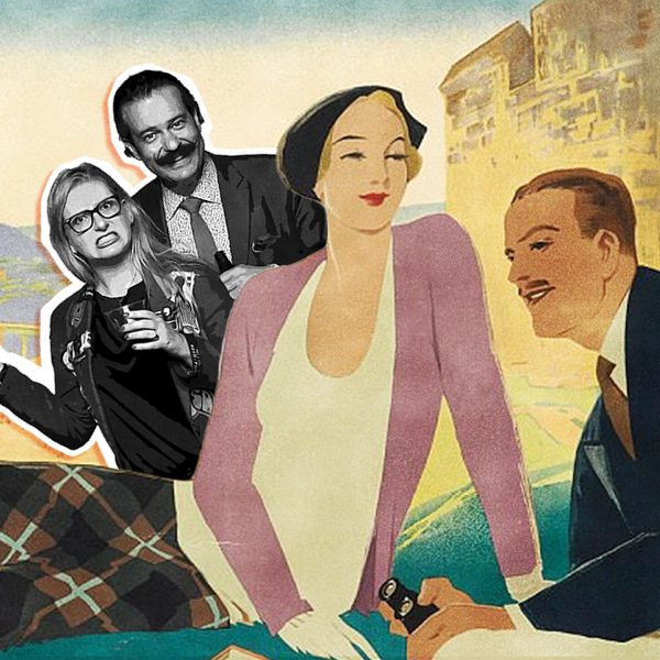 A cut-out of a modern dapper couple partying in black and white superimposed on a poster with a vintage couple picnicking.