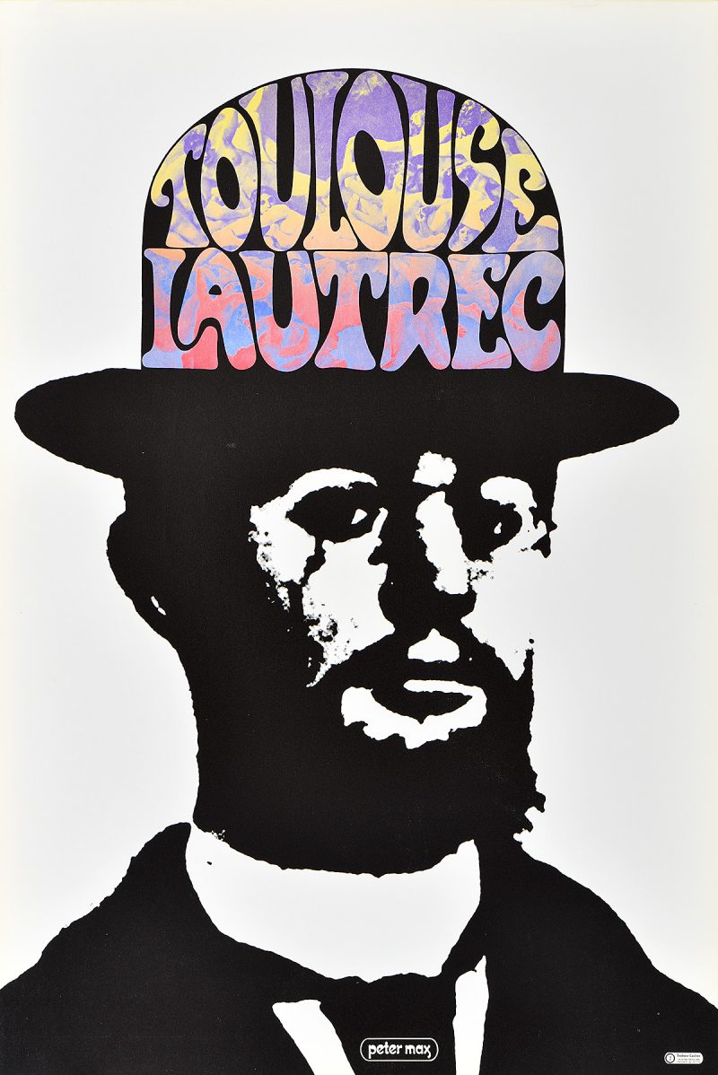 photo offset poster of a black and white photo of Toulouse Lautrec with his name in rainbow letters inside a bowler hat