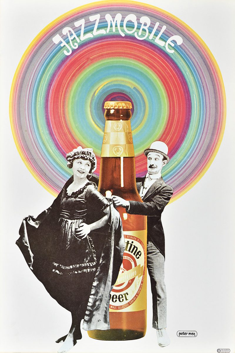 photo offset poster of a black and white vintage photo of a couple dancing around a giant beer bottle. Above is a huge circle in rainbow tones