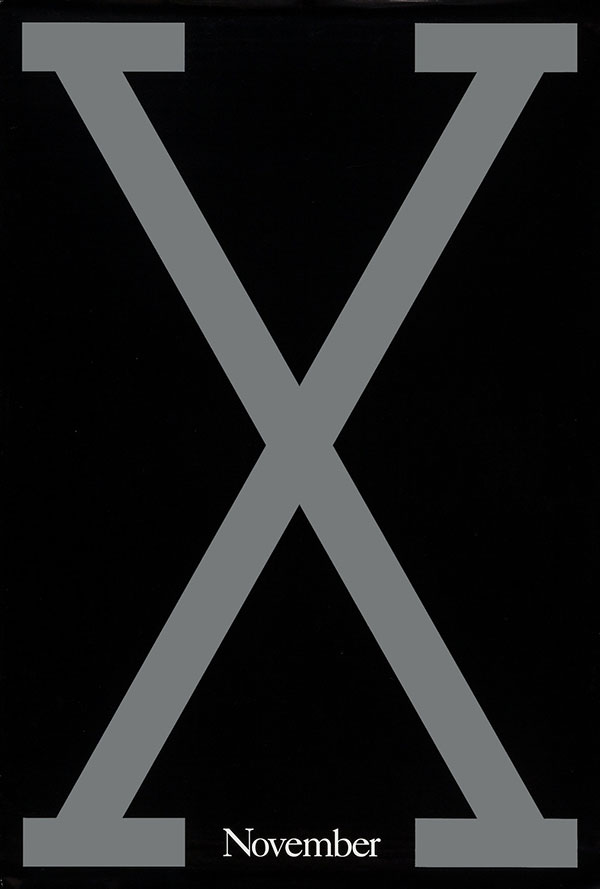 photooffset poster of a giant grey X on a black background