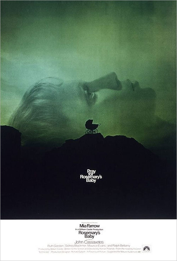photographic poster of a woman in profile laying on her back. in front of her head is a baby carriage on a cliff