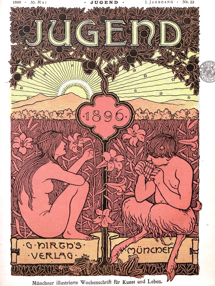 lithographic magazine cover of a nude woman and a satre in a field