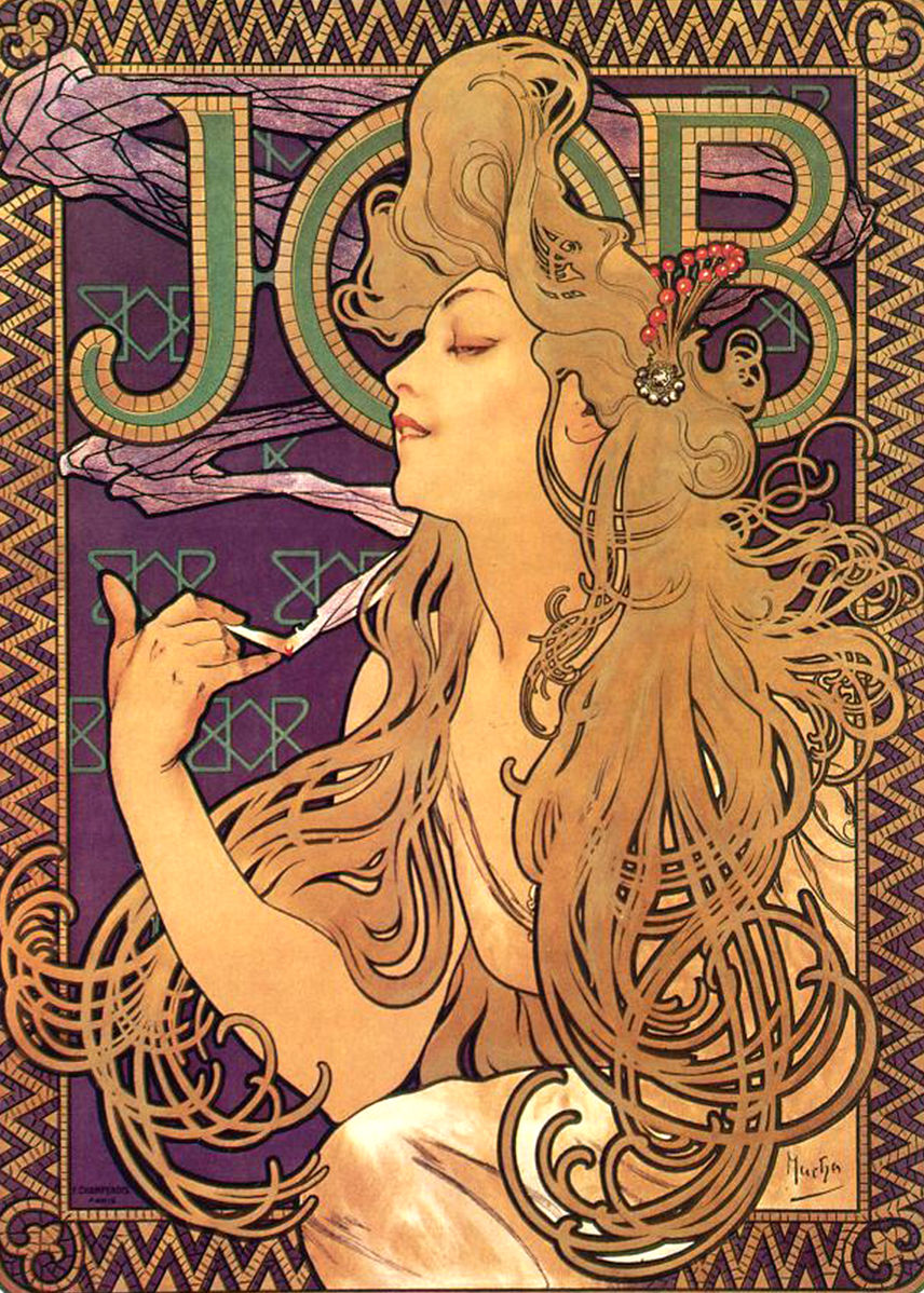 lithographic poster of a woman with wild golden hair smoking a cigarette against a purple background
