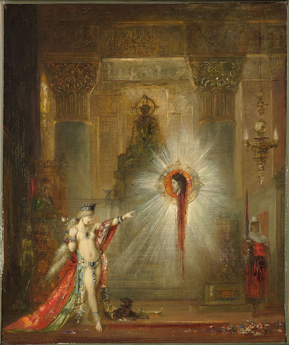 painting of a woman in an elaborate gown pointing at a disembodied head