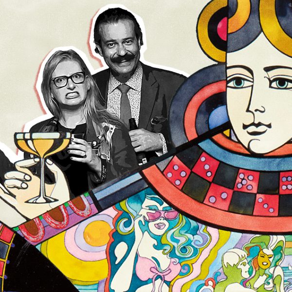 A well dressed couple celebrating in black and white as part of a collage with differing colored poster art styles and faces.