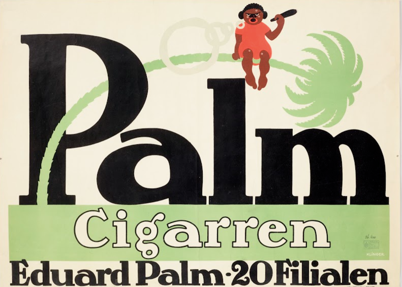 lithographic poster of a black figure sitting atop a bent palm tree smoking a cigar
