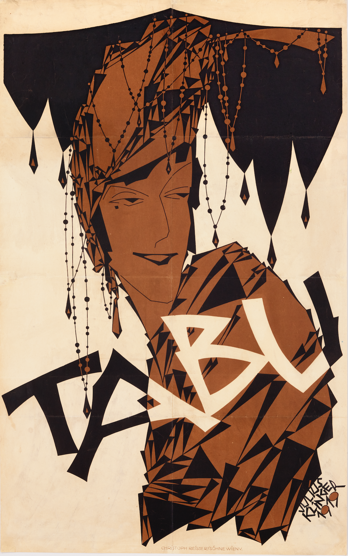 lithographic poster in brown and black hues of a woman in an elaborate headdress