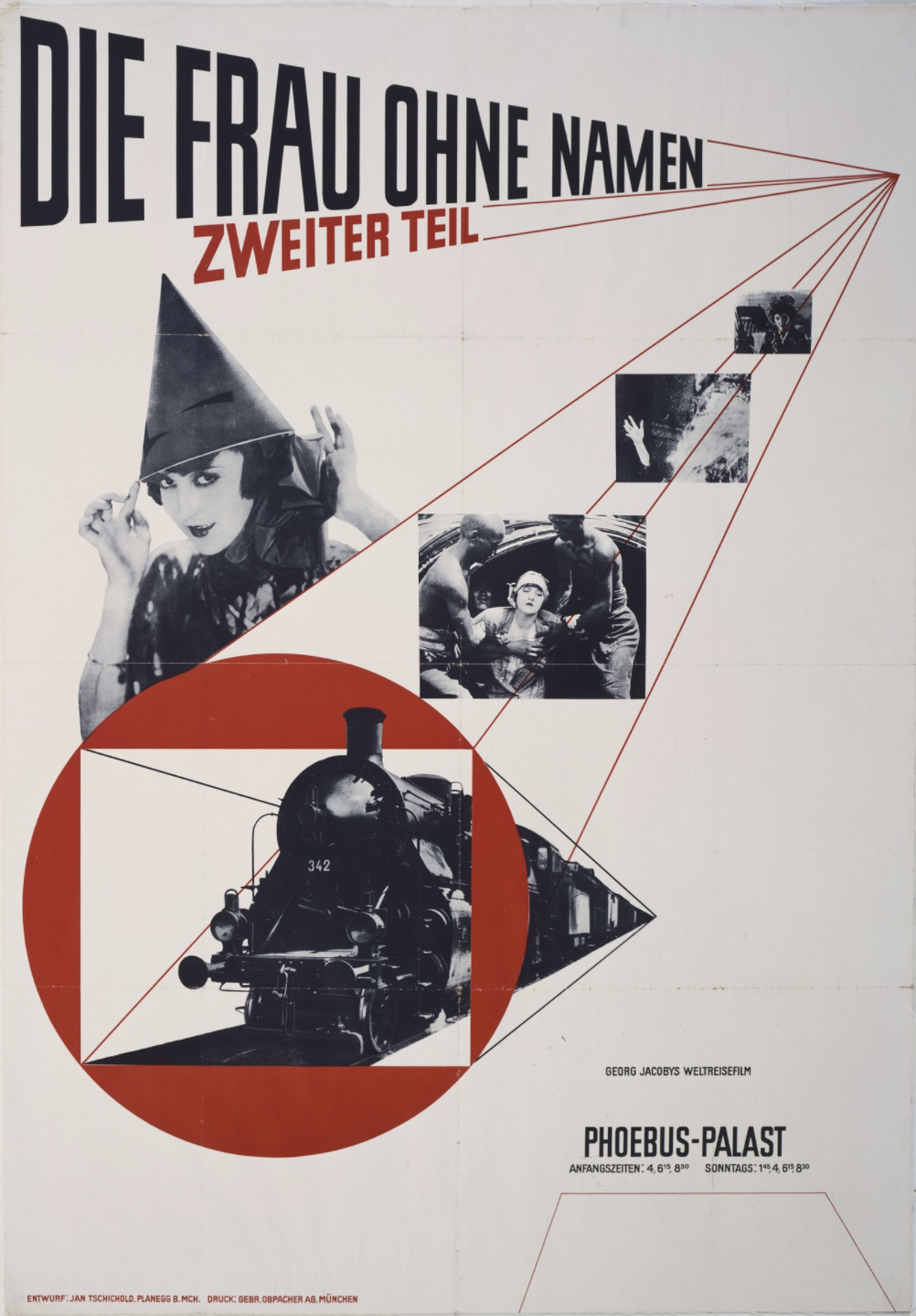 photomontage poster of gradually larger photosgraphs of movie scenes and a train. In the upper left is a woman in a witches hat.