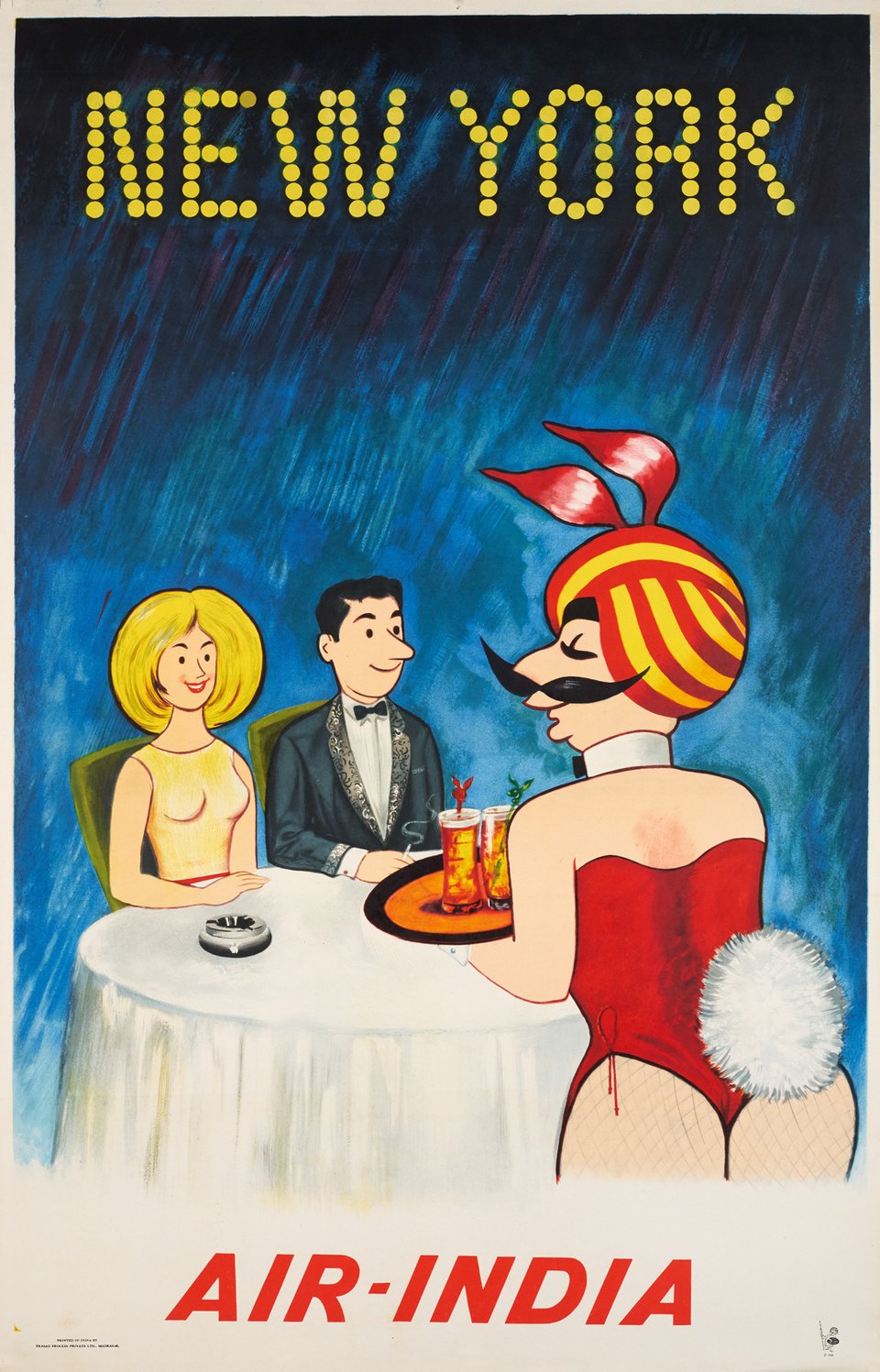 A poster of a man dressed as a playboy bunny serving cocktails to a couple.