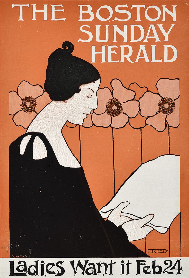 lithographic poster of a woman in profile reading a blank sheet of paper. oversized poppies are in the background