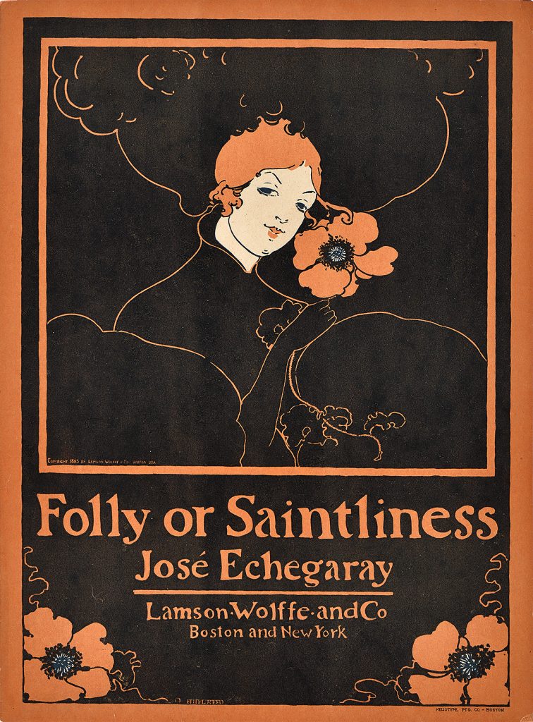 A lithographic poster of a woman in a black dress holding a large poppy next to her face.