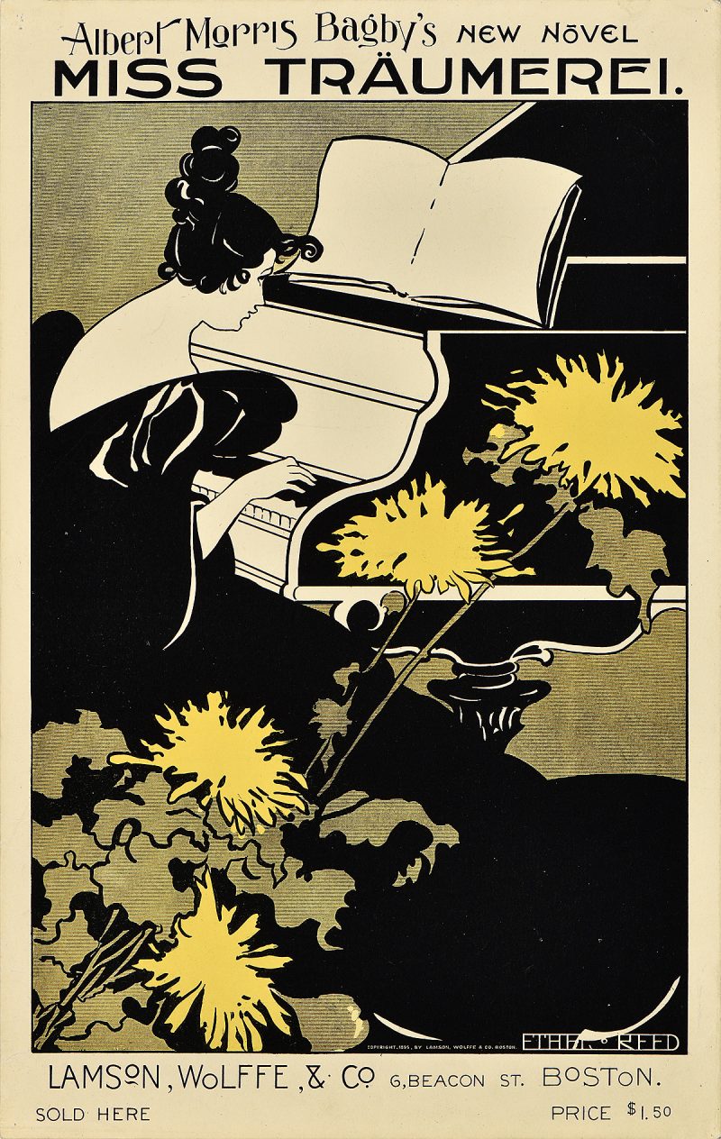 lithographic poster of a victorian woman playing the piano; oversize yellow flowers cross the foreground
