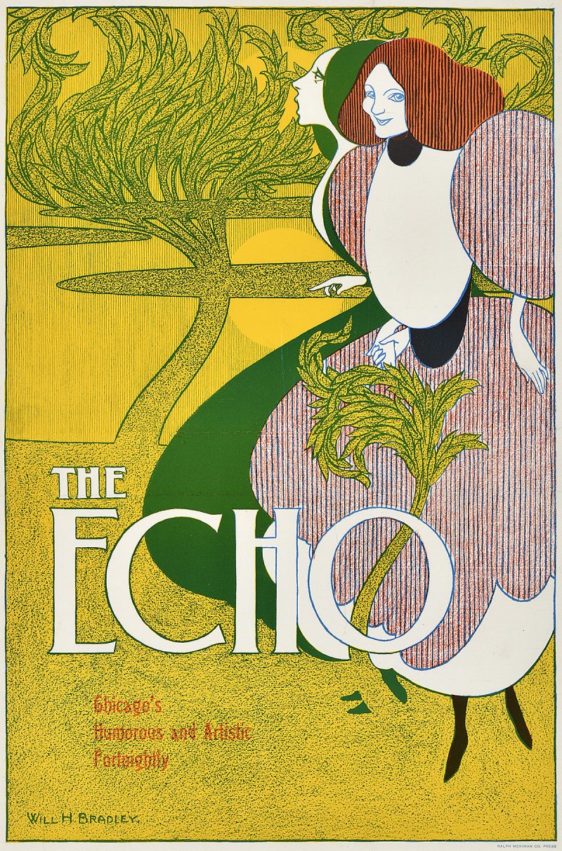 woodblock poster of two women in striped dresses walking in a field by a tree