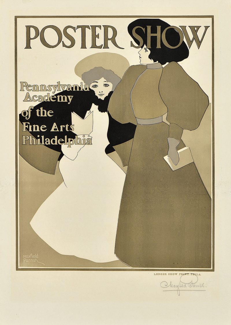 lithographic poster of two women in muted tone gowns and coats holding books