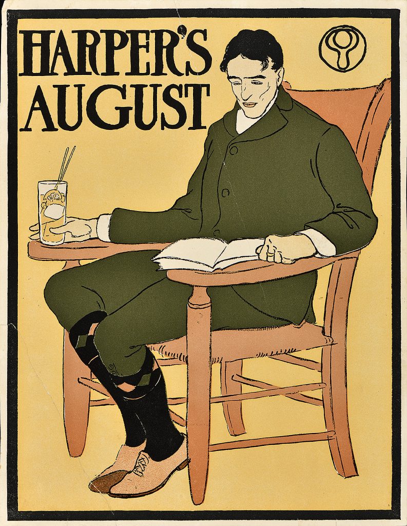 A lithographic poster of a man sipping lemonade and reading a magazine in a chair.