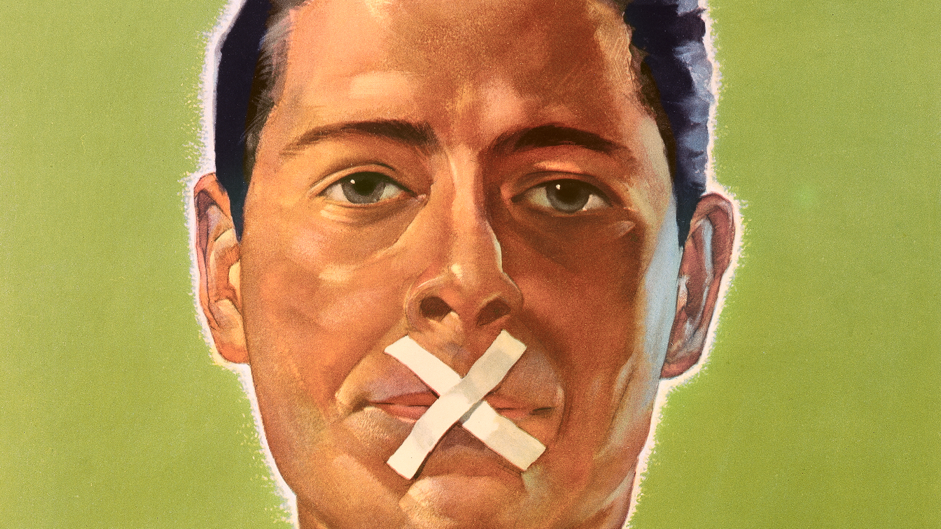 A cropped lithographic poster of a man's face with an X across his lips.