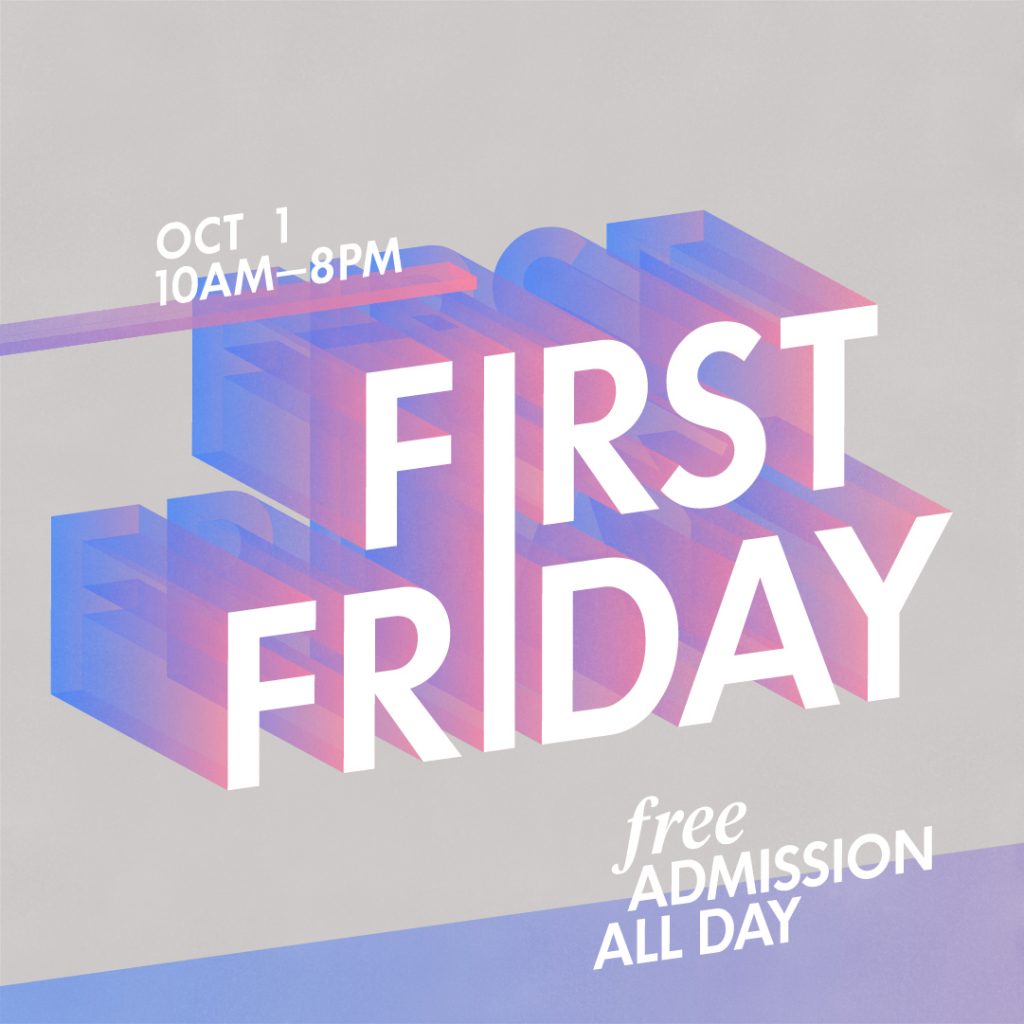 A gray and purple with decorative text graphic promoting First Friday at Poster House, Free Admission on October 1.