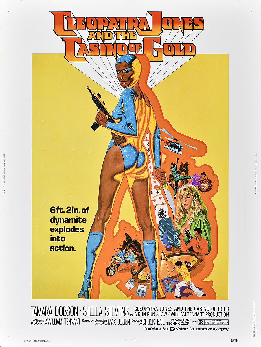 An illustrated poster of a Black woman holding a gun wearing a blue bodysuit, high boots, and peering back at us.