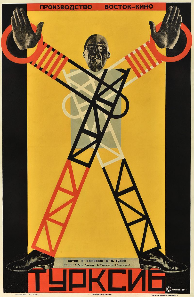 lithographic poster of a man made up of railroad and signal casings, his hands and feet and head being photomontaged
