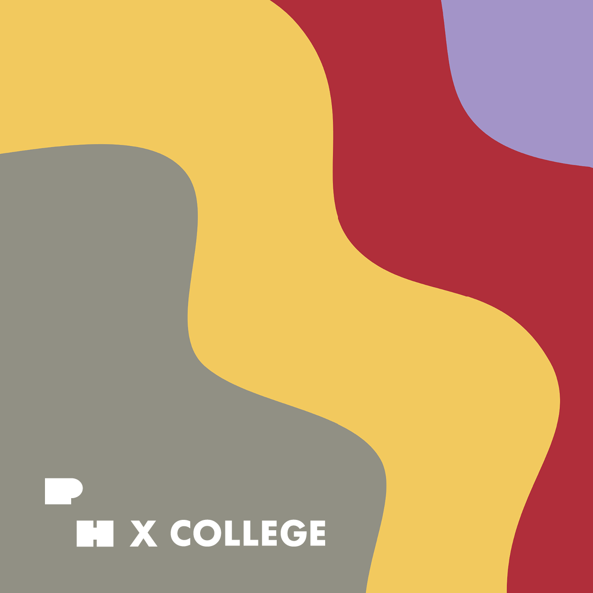Announcement promoting an event featuring a graphic with waves of gray, yellow, red and purple water moving upward. Red background with white text that reads P H X College.