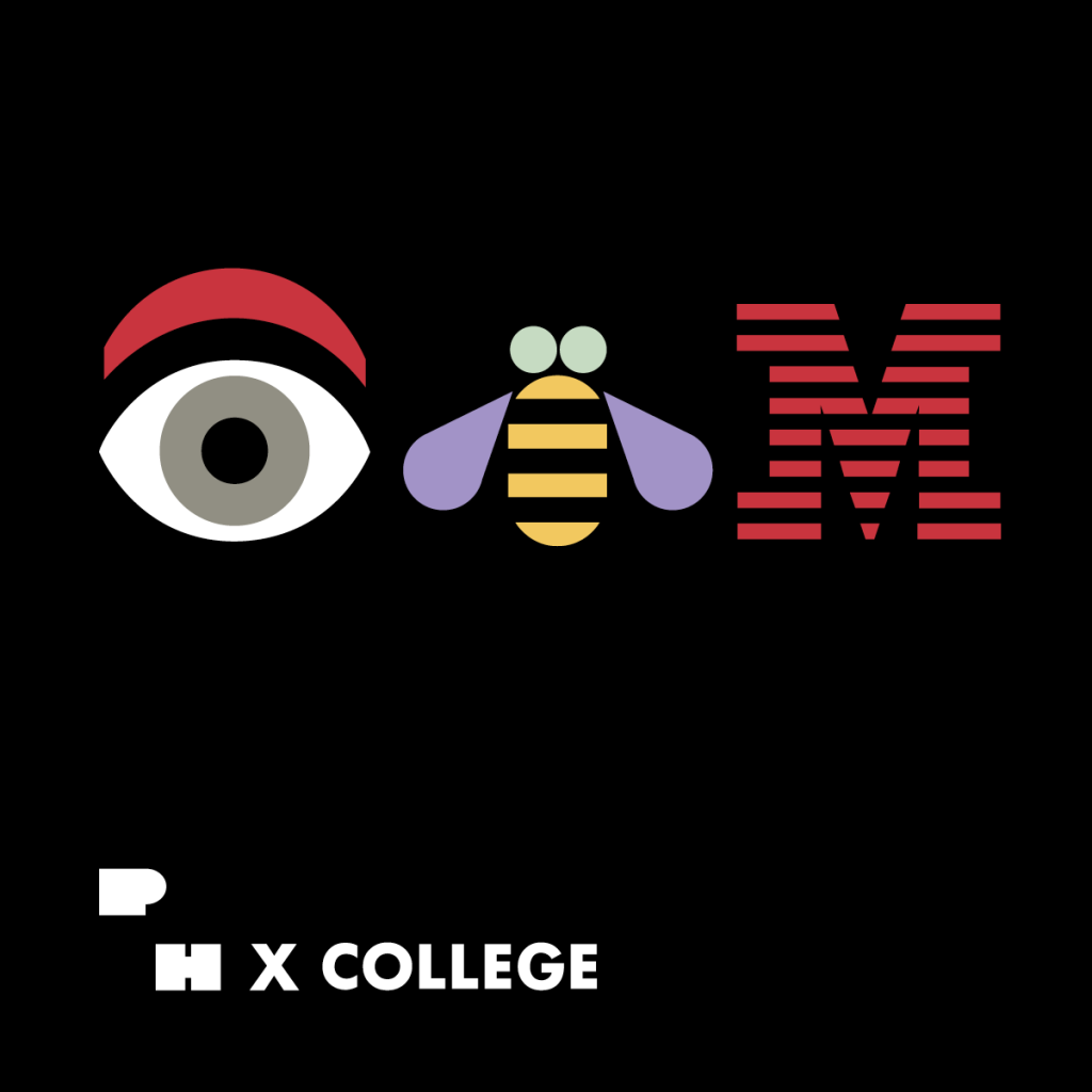 Announcement promoting an event featuring a decorative logo of an image of an eye, a bee and the letter M on a black background. Text reads P H X College.