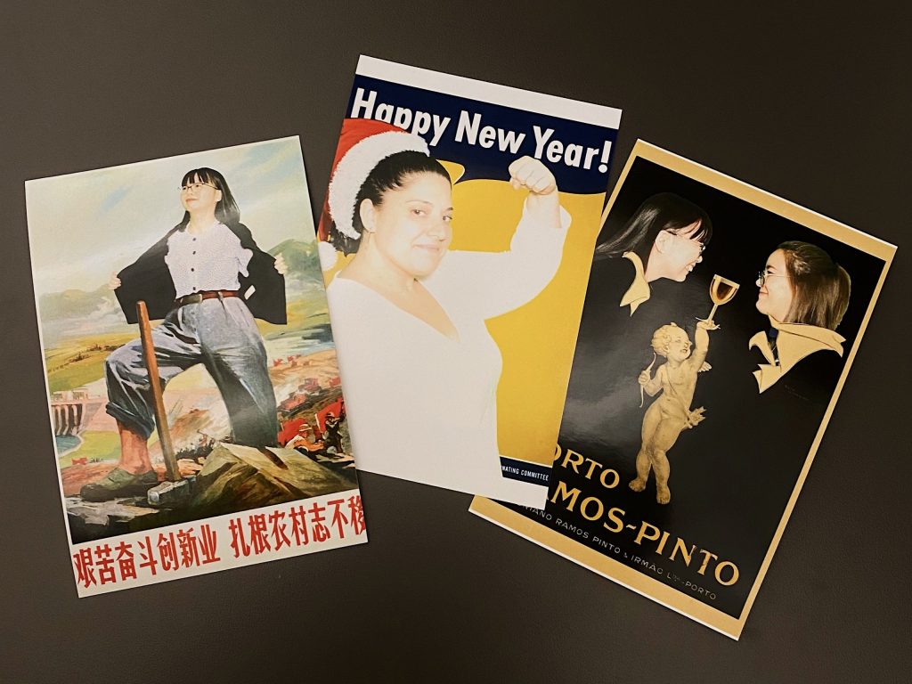 Three photos of Poster House staff edited so they are appearing as the characters on vintage posters.