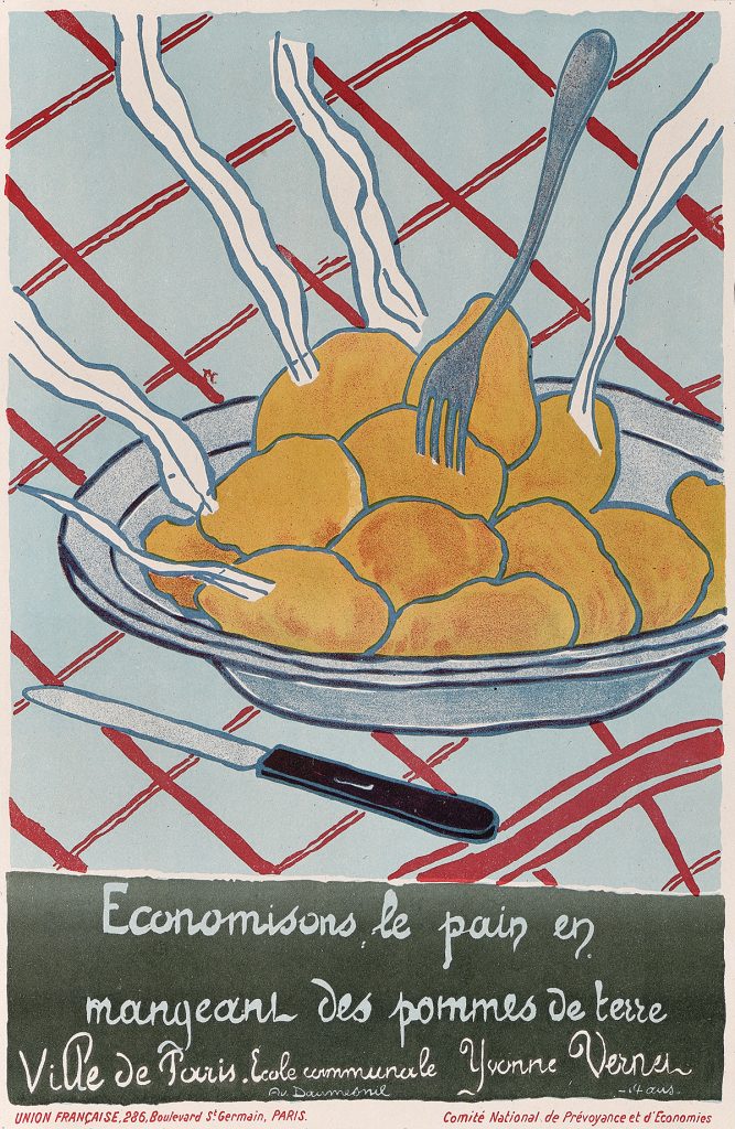 A lithographic poster of a steamy plate of potatoes on a criss crossed tablecloth.