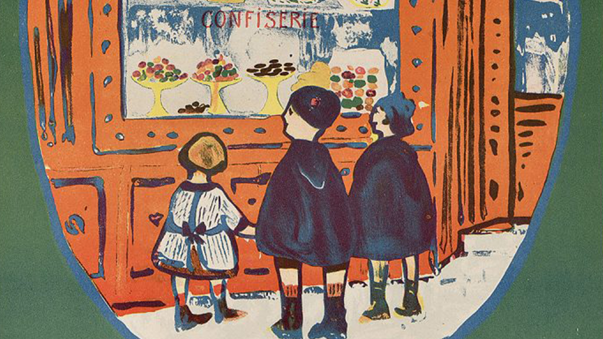 A cropped poster of 3 children looking in a candy shop window.