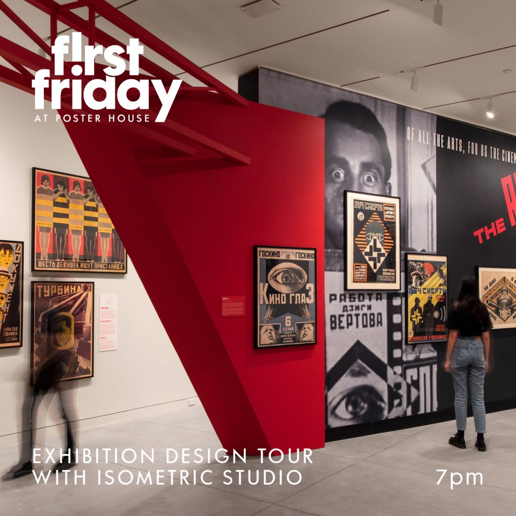 Event promotion featuring a photo of Soviet film posters hanging on a wall with black and white photographic images. Overhead, a red industrial beam draws the viewer into the back white wall of posters. Text reads Exhibition Design Tour with Isometric Studio, 7pm.
